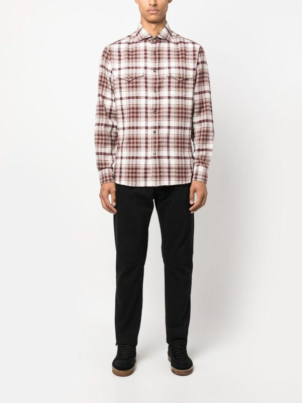 BRUNELLO CUCINELLI MEN'S BROWN PLAID BUTTON-UP SHIRT