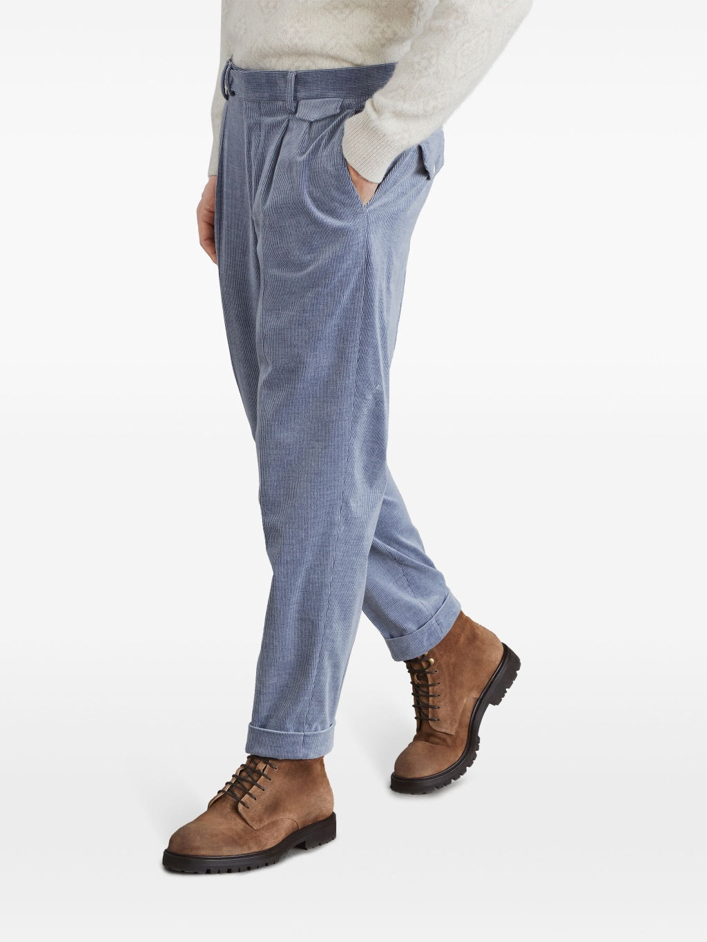 BRUNELLO CUCINELLI MEN'S DENIM COTTON WOOL PLEATED TROUSERS