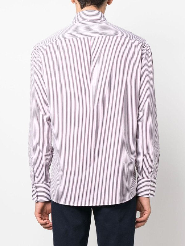 BRUNELLO CUCINELLI MEN'S WHITE AND BORDEAUX STRIPED SHIRT