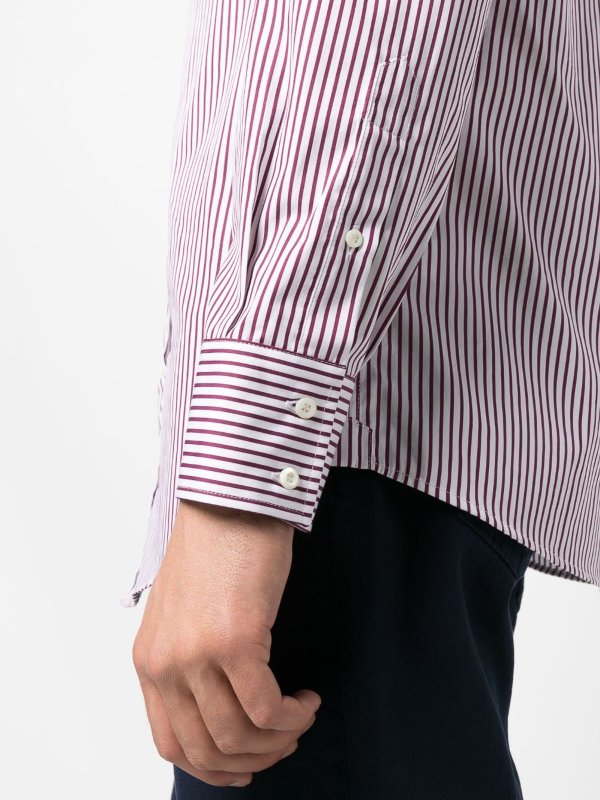 BRUNELLO CUCINELLI MEN'S WHITE AND BORDEAUX STRIPED SHIRT