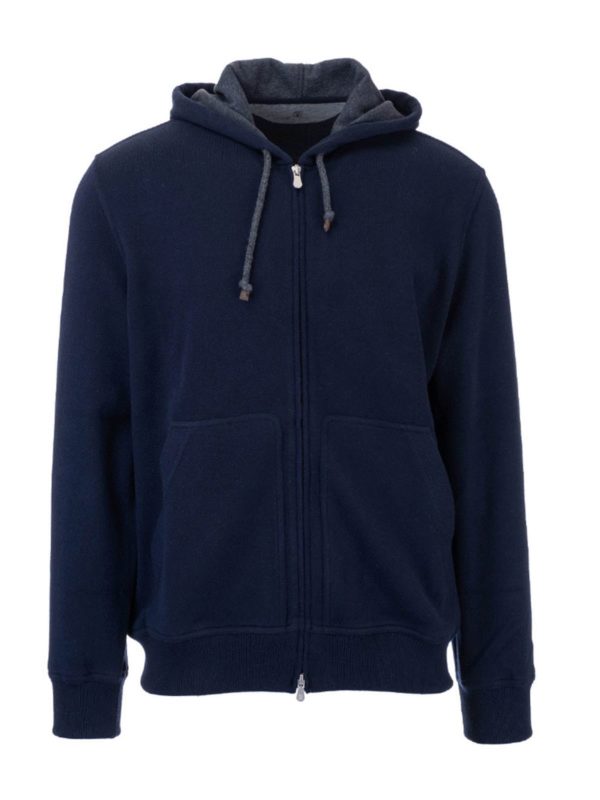 BRUNELLO CUCINELLI MEN'S BLUE WOOL ZIP HOODIE