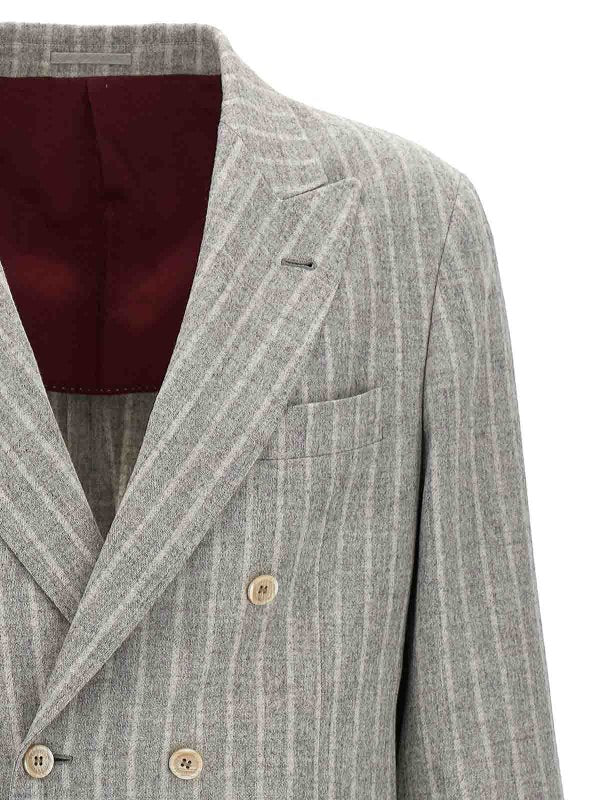BRUNELLO CUCINELLI MEN'S GRAY STRIPED DOUBLE-BREASTED BLAZER