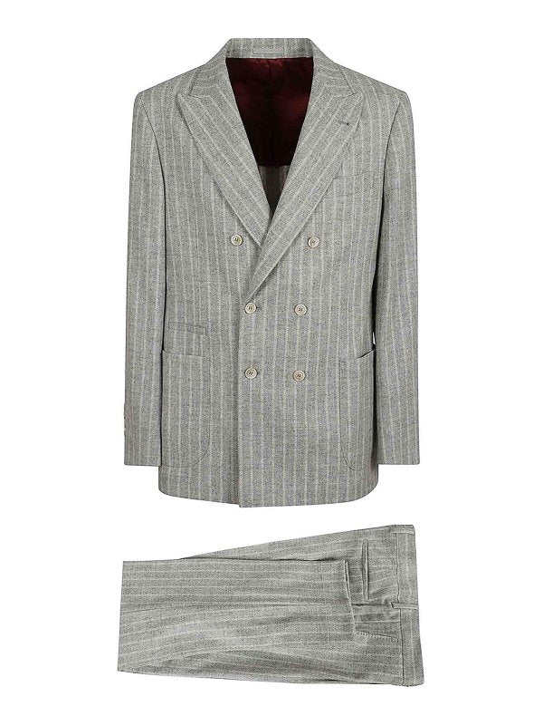 BRUNELLO CUCINELLI MEN'S GRAY PINSTRIPE DOUBLE-BREASTED SUIT