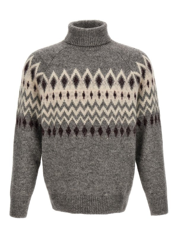 BRUNELLO CUCINELLI MEN'S GREY WOOL PATTERNED SWEATER