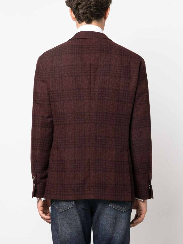 BRUNELLO CUCINELLI MEN'S DEEP BURGUNDY PLAID DECONSTRUCTED BLAZER