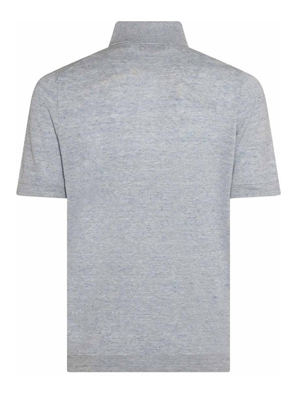 BRUNELLO CUCINELLI MEN'S LIGHT BLUE LINEN KNIT POLO