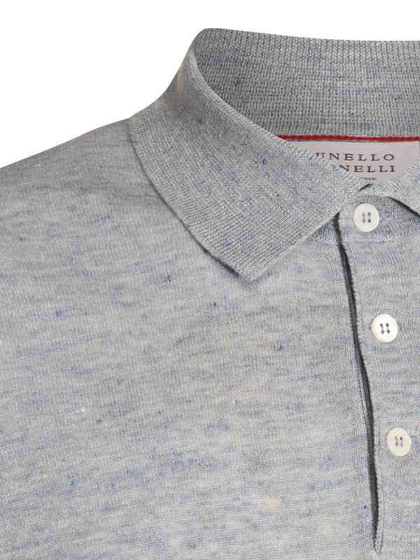 BRUNELLO CUCINELLI MEN'S LIGHT BLUE LINEN KNIT POLO