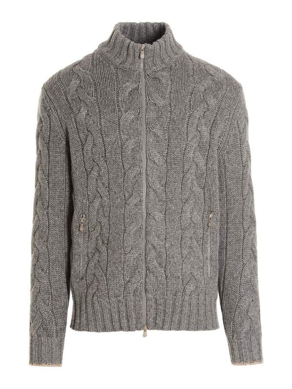 BRUNELLO CUCINELLI MEN'S LIGHT GREY WOOL CABLE KNIT ZIP SWEATER