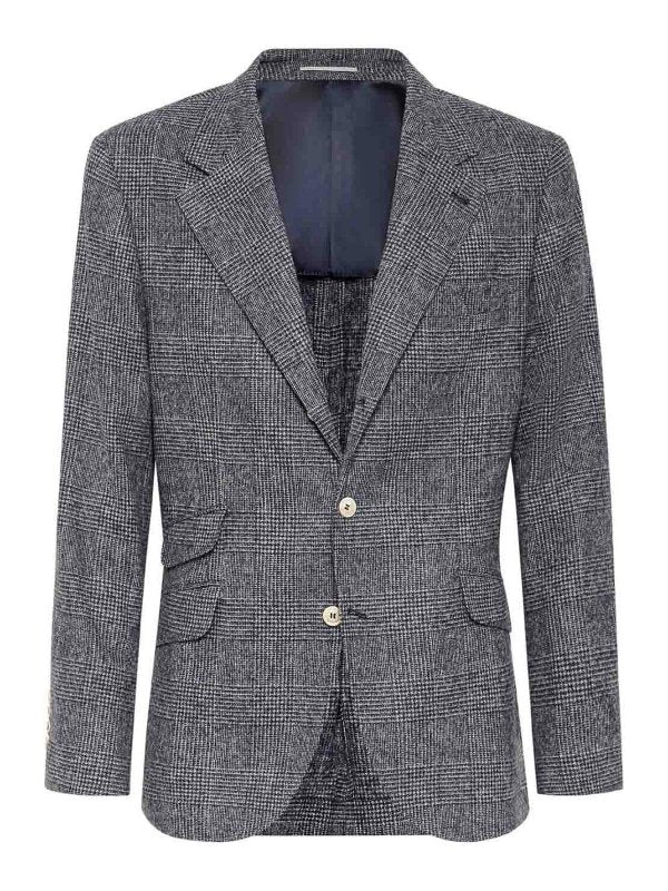 BRUNELLO CUCINELLI MEN'S DENIM WOOL BLEND CHECKED BLAZER