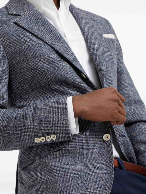 BRUNELLO CUCINELLI MEN'S DENIM WOOL BLEND CHECKED BLAZER
