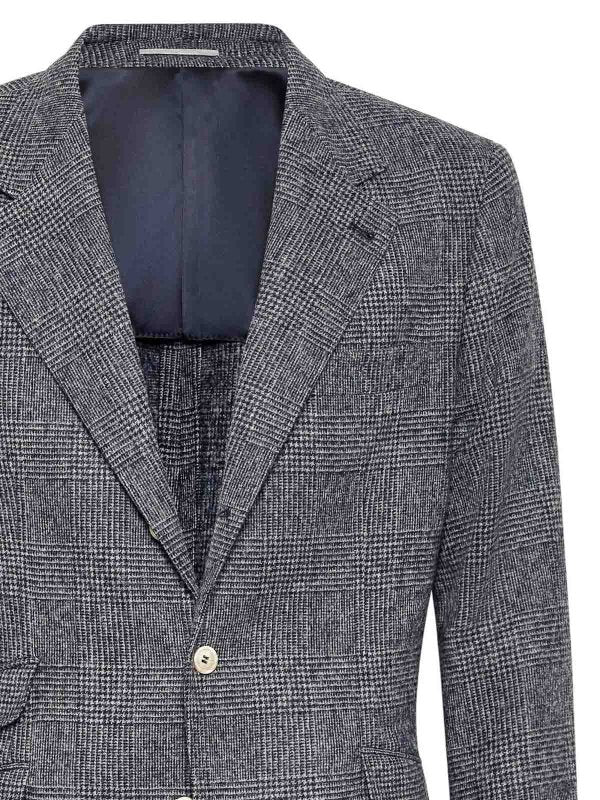 BRUNELLO CUCINELLI MEN'S DENIM WOOL BLEND CHECKED BLAZER