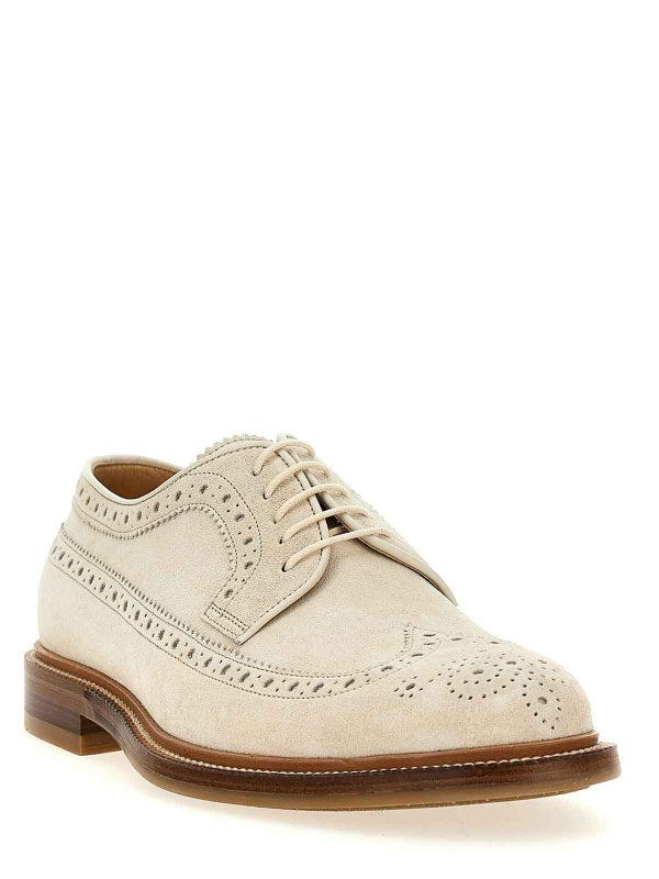BRUNELLO CUCINELLI MEN'S OFF WHITE BROGUE LEATHER SHOES