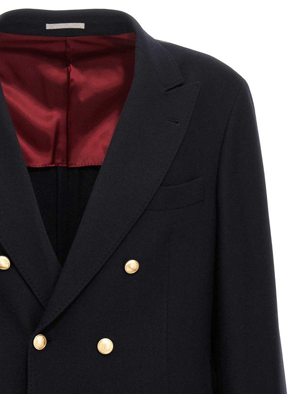 BRUNELLO CUCINELLI MEN'S NAVY DOUBLE-BREASTED BLAZER WITH BUTTONS