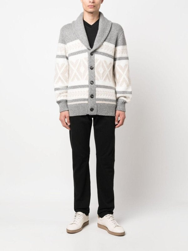 BRUNELLO CUCINELLI MEN'S LIGHT GREY PATTERNED SHAWL CARDIGAN