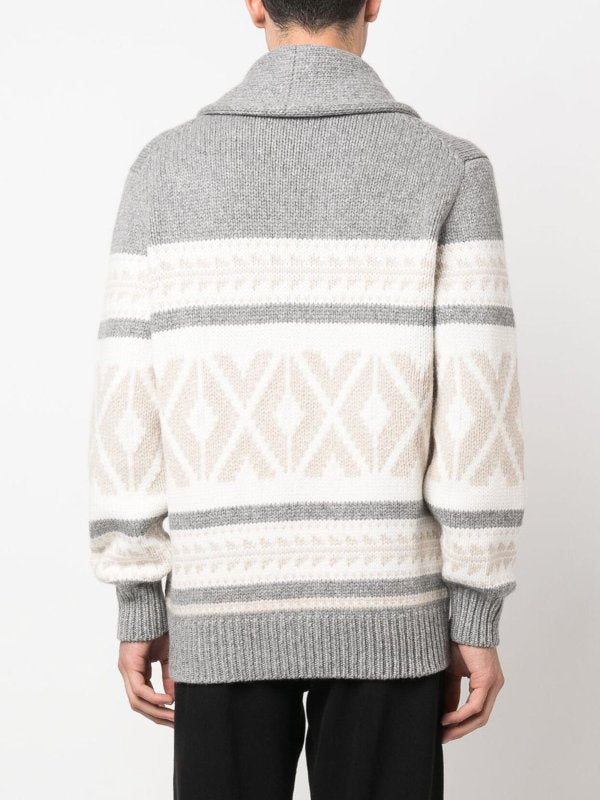 BRUNELLO CUCINELLI MEN'S LIGHT GREY PATTERNED SHAWL CARDIGAN