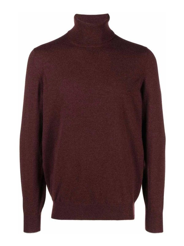 BRUNELLO CUCINELLI MEN'S DARK RED CASHMERE TURTLENECK SWEATER