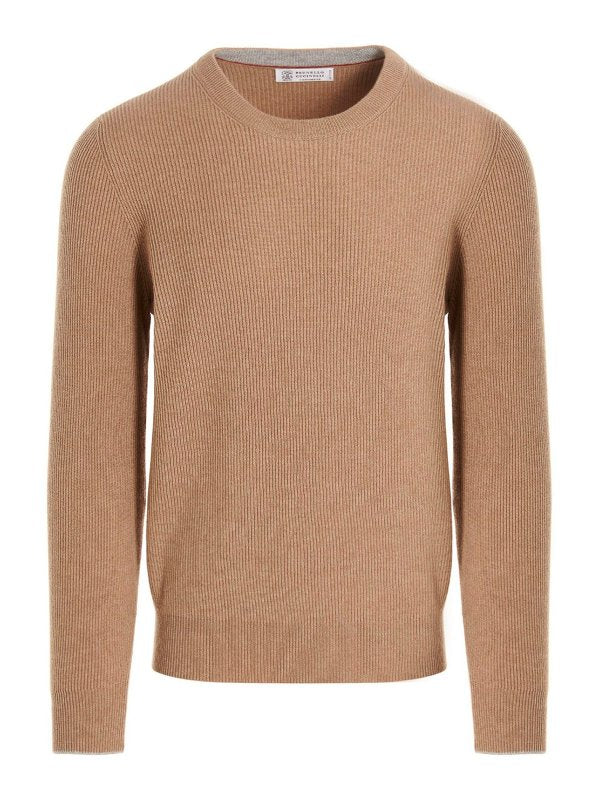 BRUNELLO CUCINELLI MEN'S CAMEL WOOL CREWNECK SWEATER