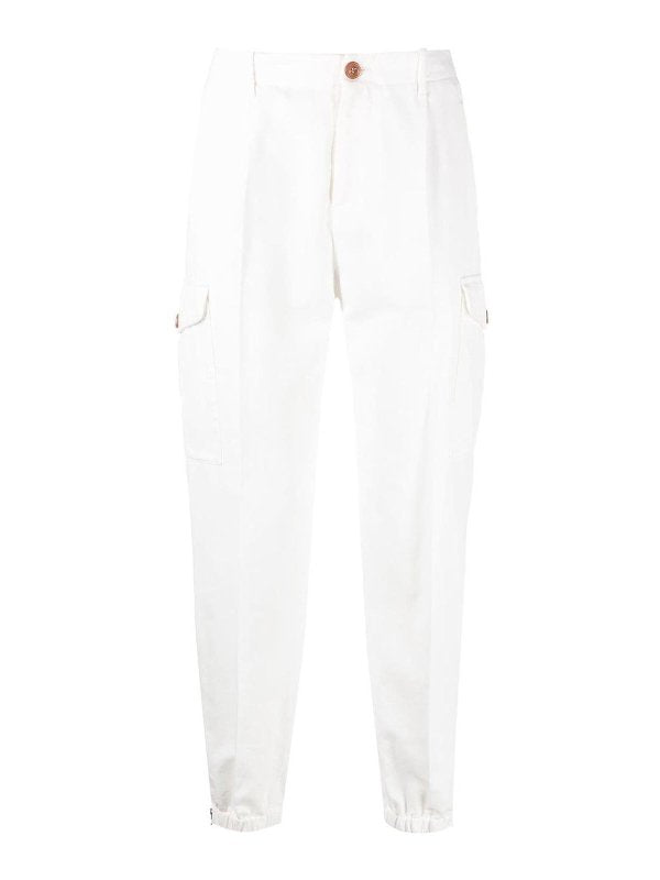 BRUNELLO CUCINELLI MEN'S WHITE COTTON CARGO TROUSERS