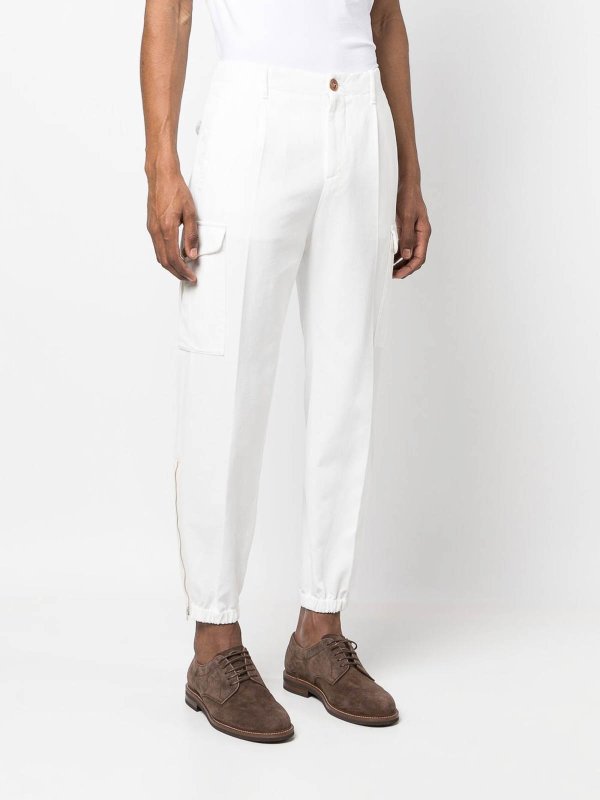 BRUNELLO CUCINELLI MEN'S WHITE COTTON CARGO TROUSERS