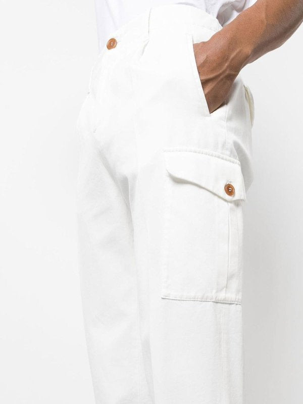BRUNELLO CUCINELLI MEN'S WHITE COTTON CARGO TROUSERS