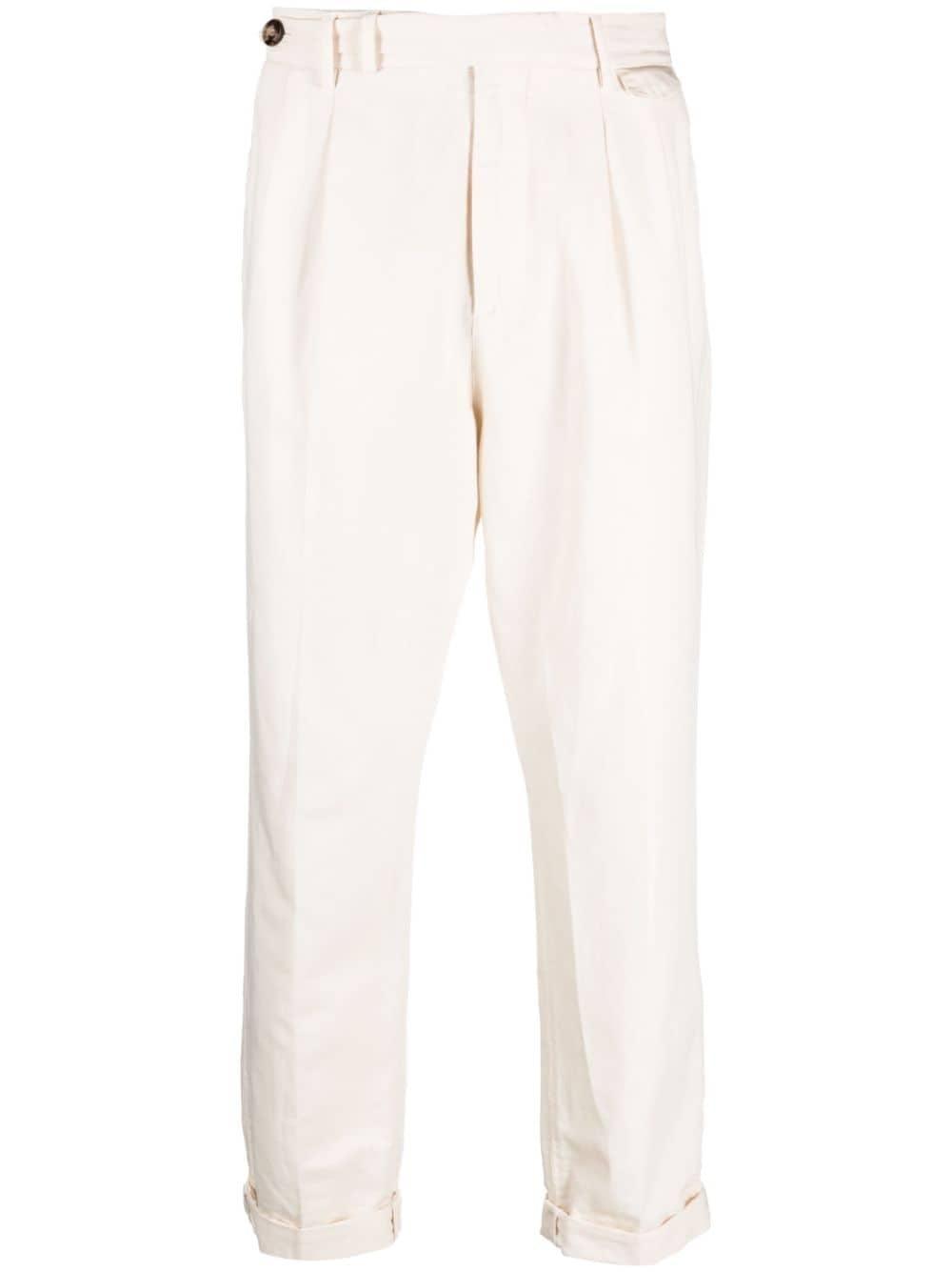 BRUNELLO CUCINELLI MEN'S OFF-WHITE PLEATED TROUSERS WITH CUFFS