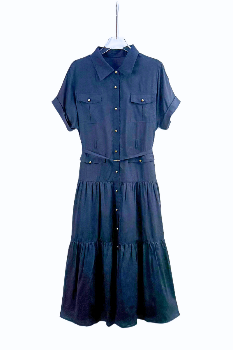 Max Simple Belted Dress With Patch Pockets Navy