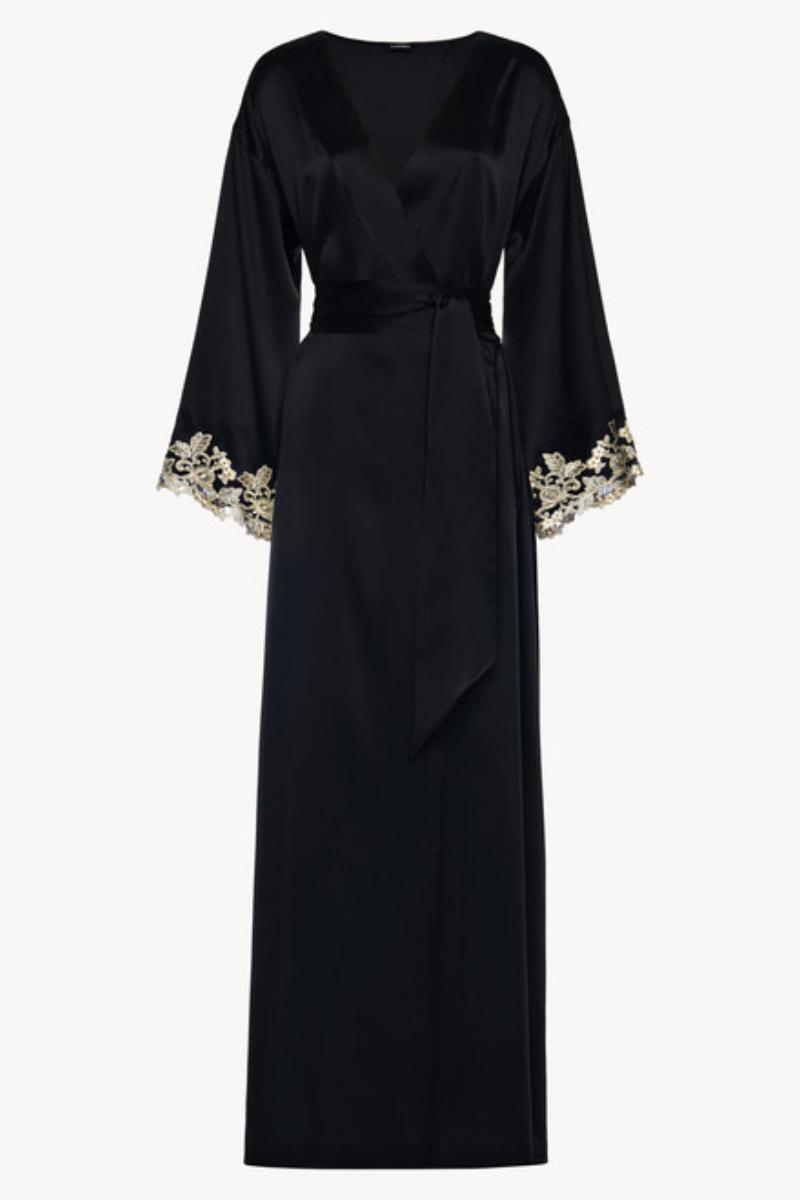 La Perla Black long silk robe with frastaglio