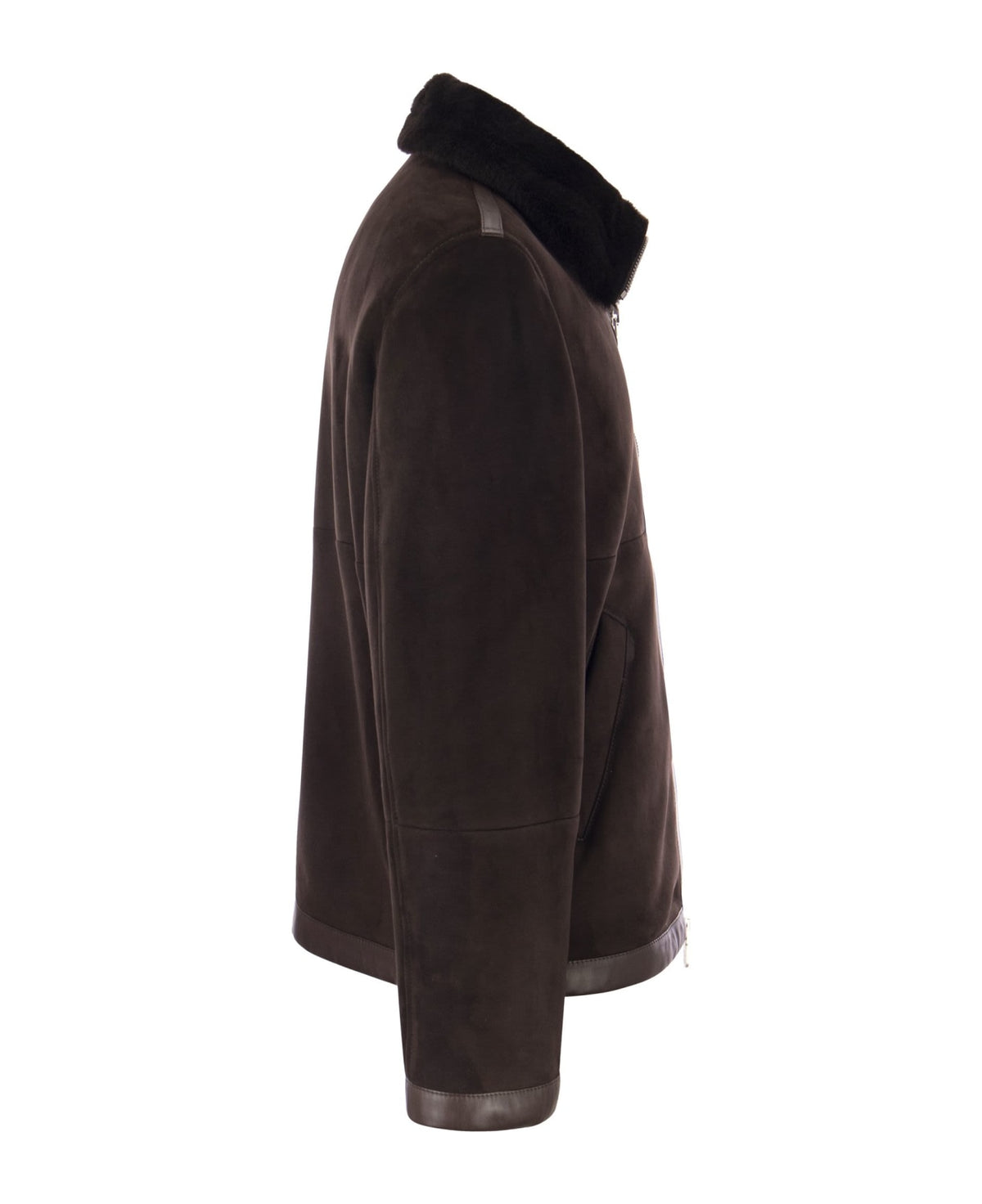 BRUNELLO CUCINELLI MEN'S COFFEE FUR COLLAR ZIP FRONT JACKET