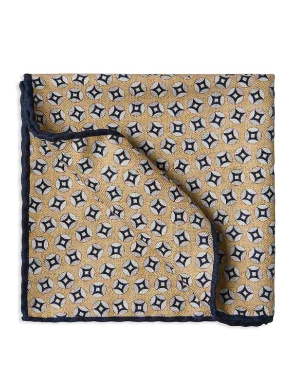 BRUNELLO CUCINELLI MEN'S CREAM NAVY SILK PATTERNED POCKET SQUARE