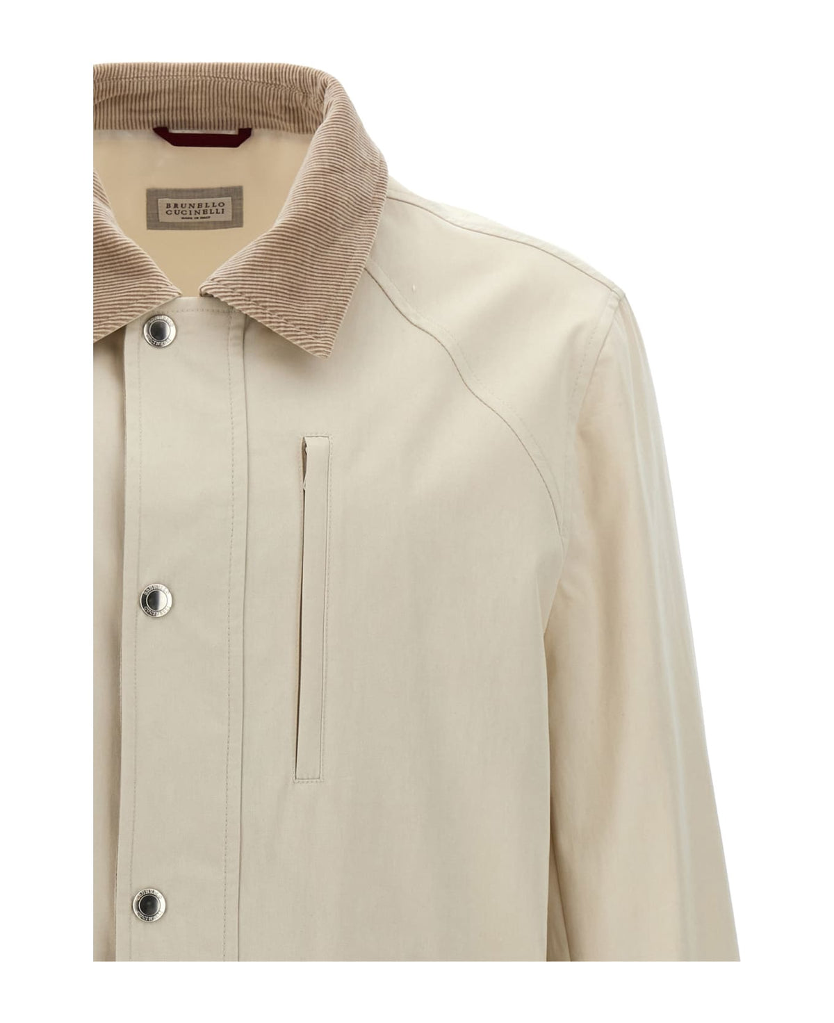 BRUNELLO CUCINELLI MEN'S ICE WHITE COTTON JACKET WITH CORDUROY COLLAR