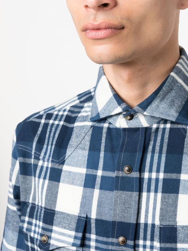 BRUNELLO CUCINELLI MEN'S MARINA WHITE CHECKED COTTON SHIRT