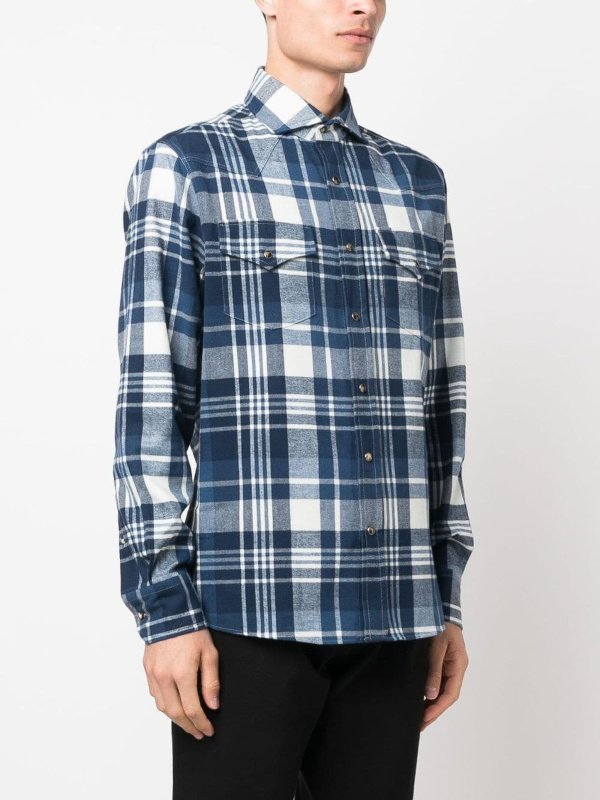 BRUNELLO CUCINELLI MEN'S MARINA WHITE CHECKED COTTON SHIRT