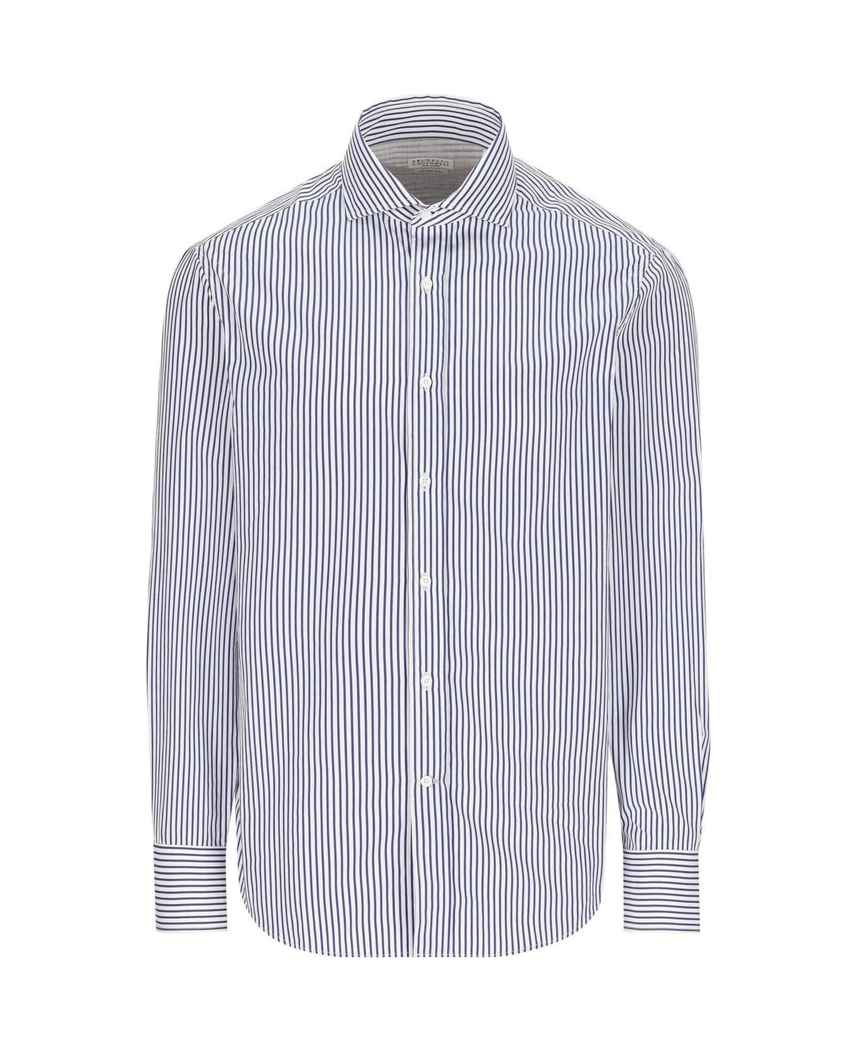 BRUNELLO CUCINELLI MEN'S WHITE BLUE STRIPED BUTTON-UP SHIRT