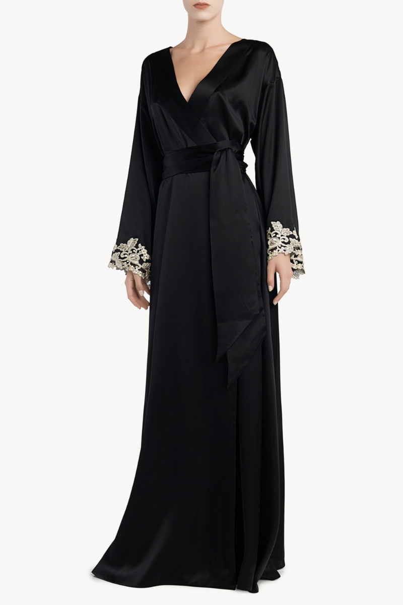 La Perla Black long silk robe with frastaglio