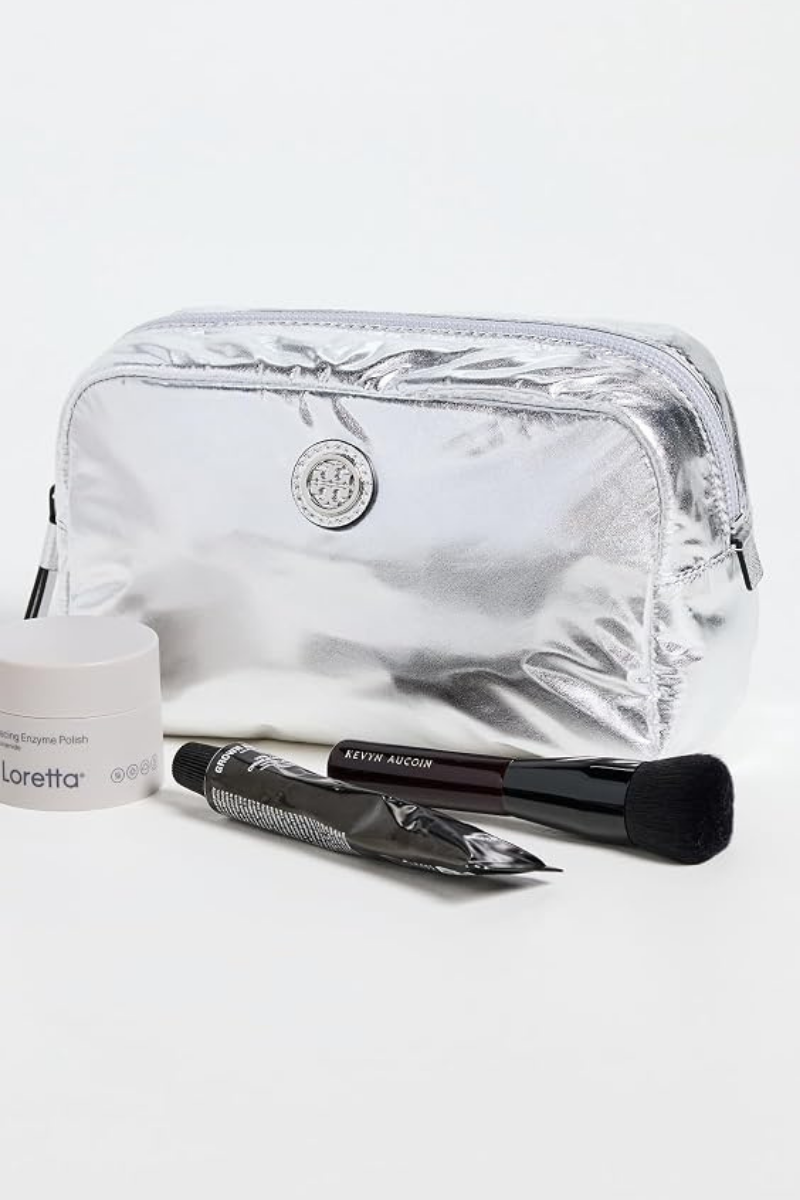 Tory Burch Virginia Metallic Curved Cosmetic Case Silver 165346-040