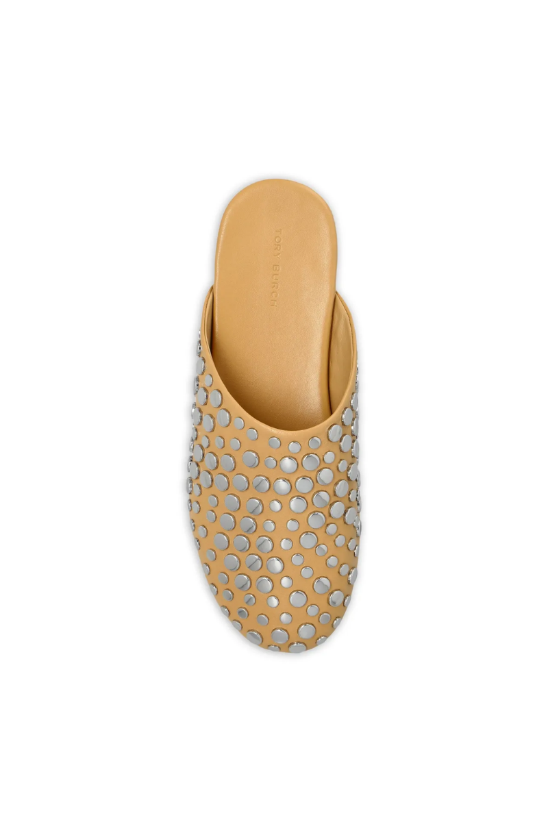 Tory Burch Studded Leather Mules in Cantucci Tan