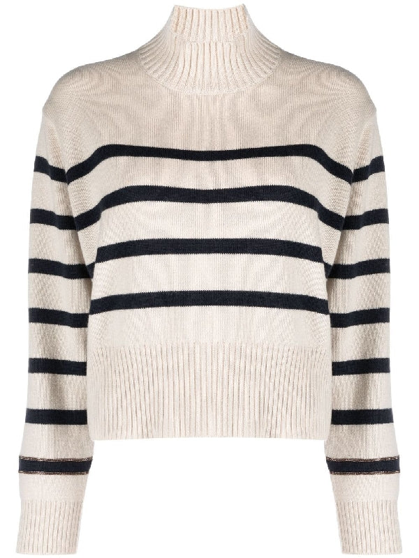 BRUNELLO CUCINELLI WOMEN'S BEIGE STRIPED WOOL TURTLENECK SWEATER