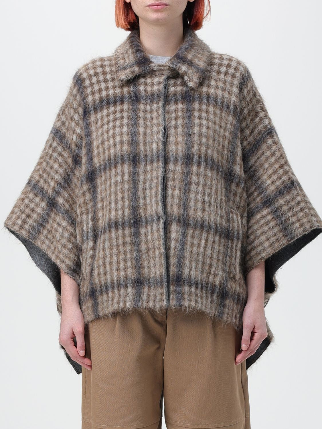 BRUNELLO CUCINELLI WOMEN'S PLAID WOOL-BLEND CAPE JACKET