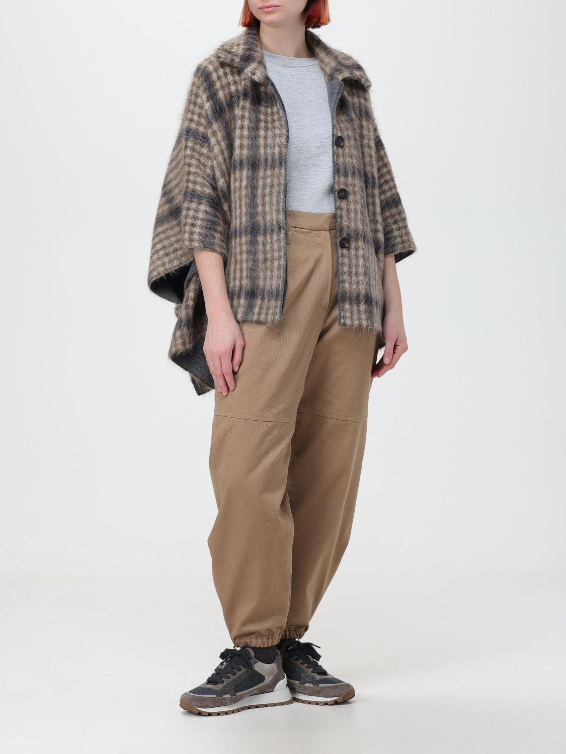 BRUNELLO CUCINELLI WOMEN'S PLAID WOOL-BLEND CAPE JACKET