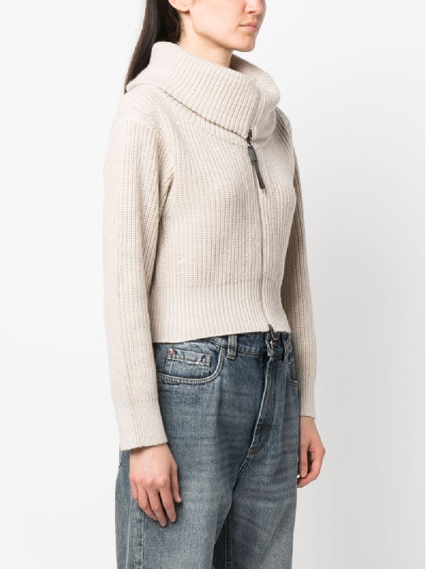 BRUNELLO CUCINELLI WOMEN'S BEIGE SILK WOOL ZIP SWEATER