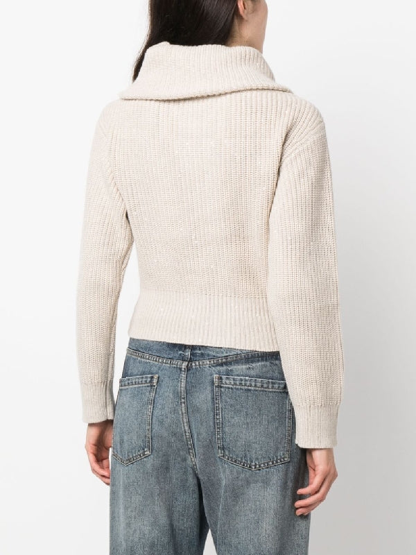 BRUNELLO CUCINELLI WOMEN'S BEIGE SILK WOOL ZIP SWEATER