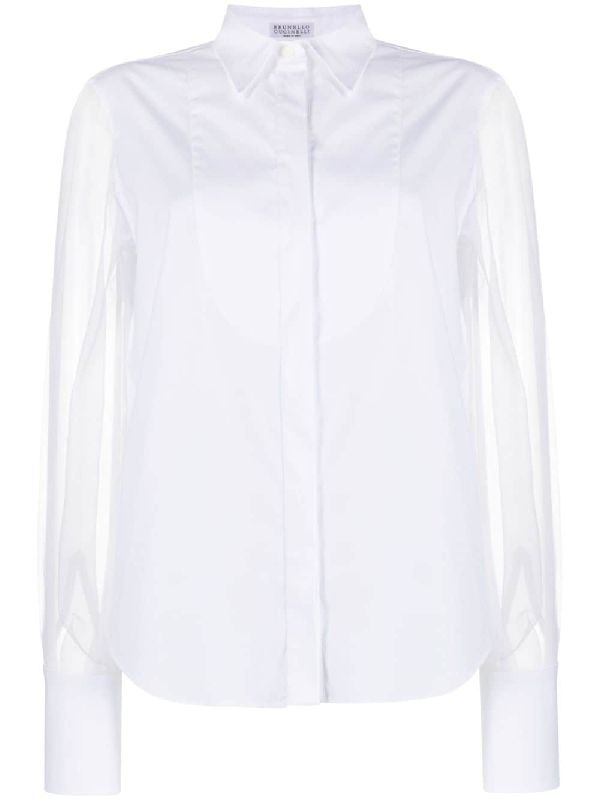 BRUNELLO CUCINELLI WOMEN'S WHITE SHEER SLEEVE BUTTON-UP SHIRT