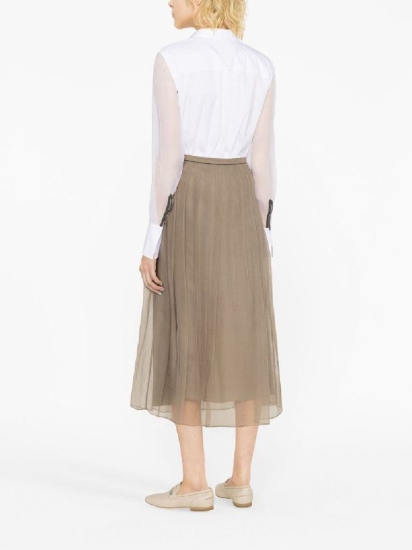 BRUNELLO CUCINELLI WOMEN'S WHITE SHEER SLEEVE BUTTON-UP SHIRT