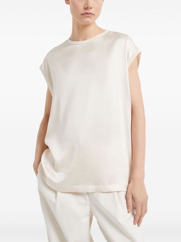 BRUNELLO CUCINELLI WOMEN'S CREAM SILK CAP SLEEVE SHIRT
