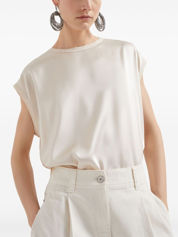 BRUNELLO CUCINELLI WOMEN'S CREAM SILK CAP SLEEVE SHIRT