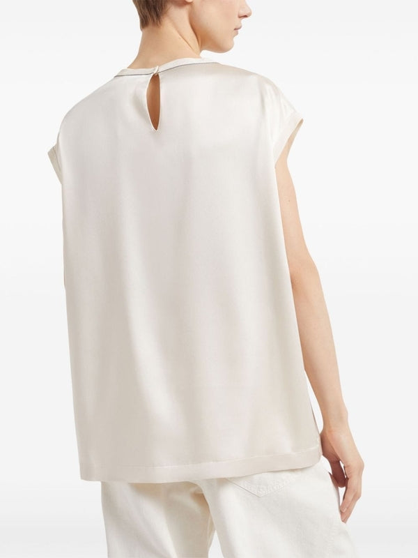 BRUNELLO CUCINELLI WOMEN'S CREAM SILK CAP SLEEVE SHIRT