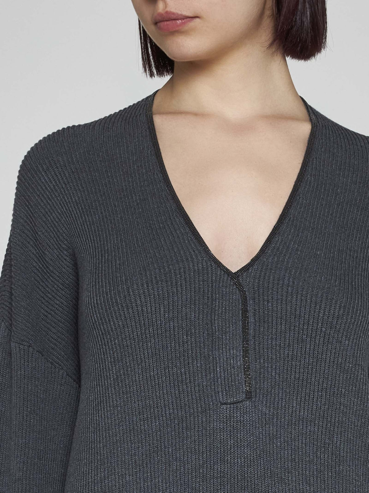BRUNELLO CUCINELLI WOMEN'S LEAD RIBBED KNIT V NECK SWEATER