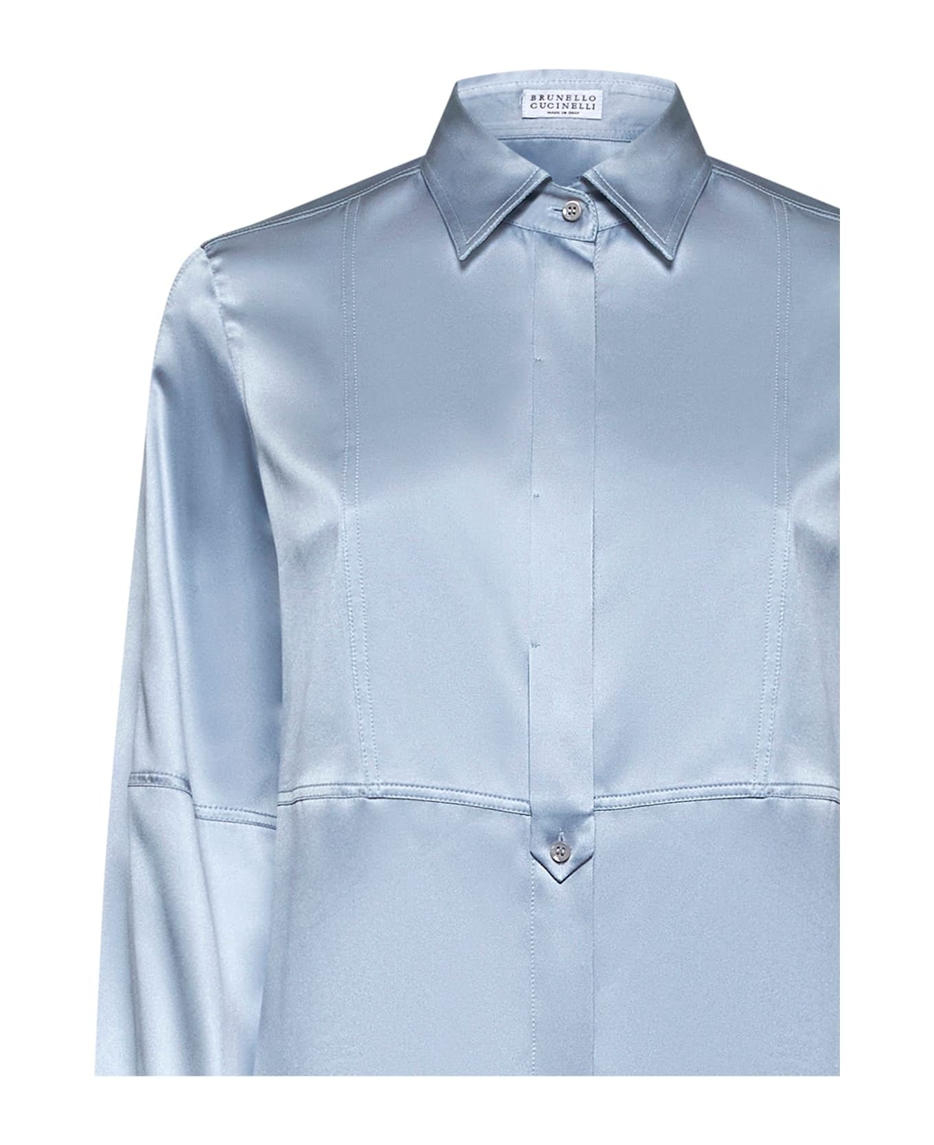 BRUNELLO CUCINELLI WOMEN'S LIGHT BLUE SATIN BUTTON-UP SHIRT