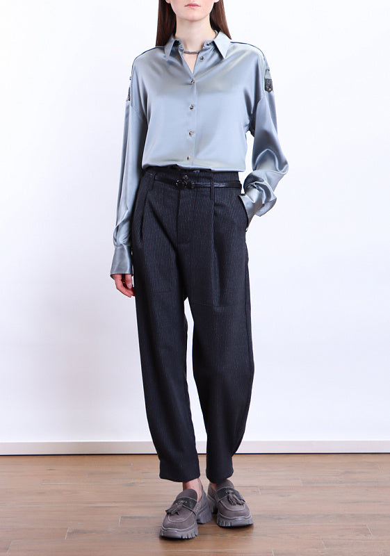 BRUNELLO CUCINELLI WOMEN'S GREY BLUE SATIN BUTTON-UP SHIRT