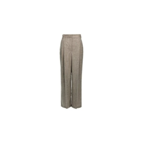 BRUNELLO CUCINELLI WOMEN'S TAUPE WOOL PINSTRIPE WIDE LEG TROUSERS